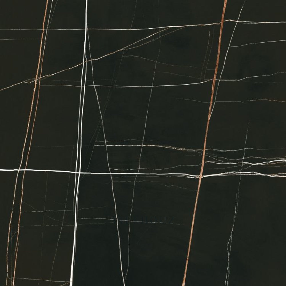 Noir Black polished 48 x 48 porcelain tile by Tilehouz for walls and ceilings with white and copper veining.