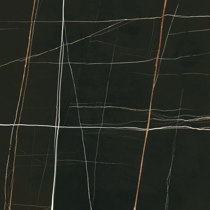 Noir Black polished 48 x 48 porcelain tile by Tilehouz for walls and ceilings with white and copper veining.