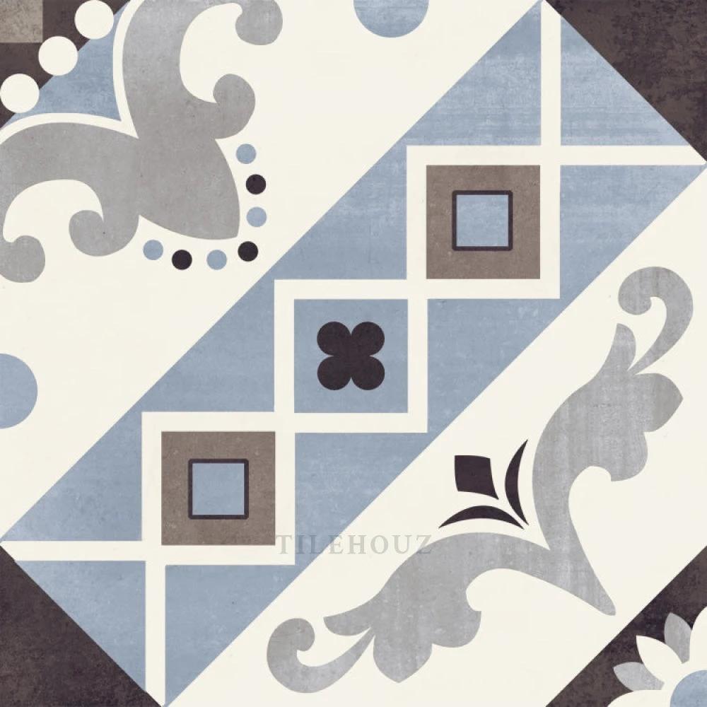 Tilehouz Paris Belleville Blu 8x8 porcelain tile, blue and ivory geometric wall tile