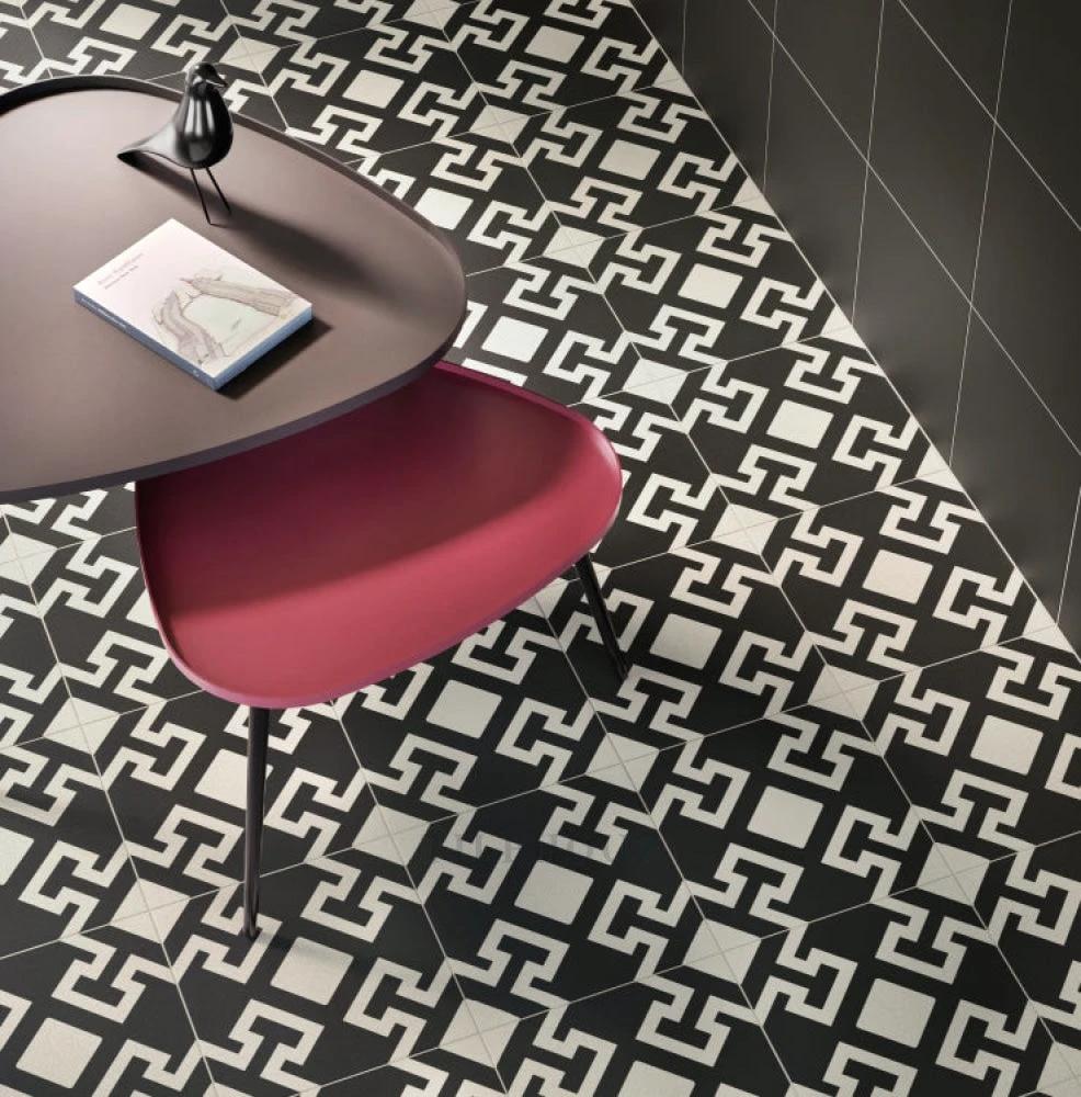 Paris Charonne Nero 8x8 porcelain tiles with black and white geometric pattern