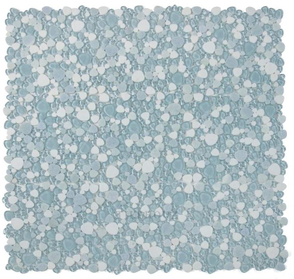 Peach Crystal Ocean 12 x 12 Pebble Glass Mosaic tile, blue-toned glass pebbles
