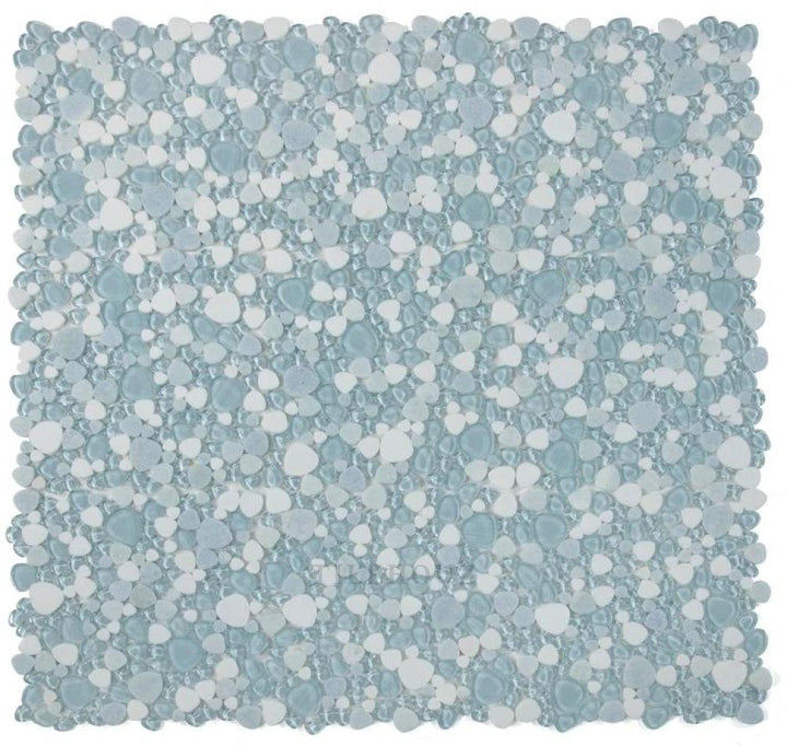 Peach Crystal Ocean 12 x 12 Pebble Glass Mosaic tile, blue-toned glass pebbles