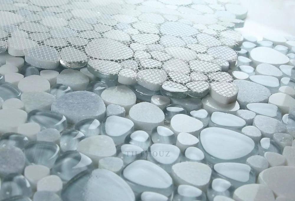 Peach Crystal Ocean 12x12 glass pebble mosaic sheet, mesh-backed Tilehouz