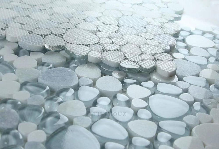 Peach Crystal Ocean 12x12 glass pebble mosaic sheet, mesh-backed Tilehouz