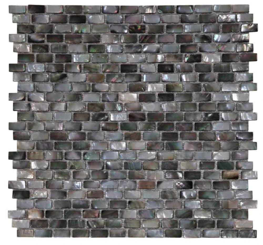 Pearl Black Mini Brick wall tile mosaic, 11.25 x 11.25 inches, iridescent pearl finish.