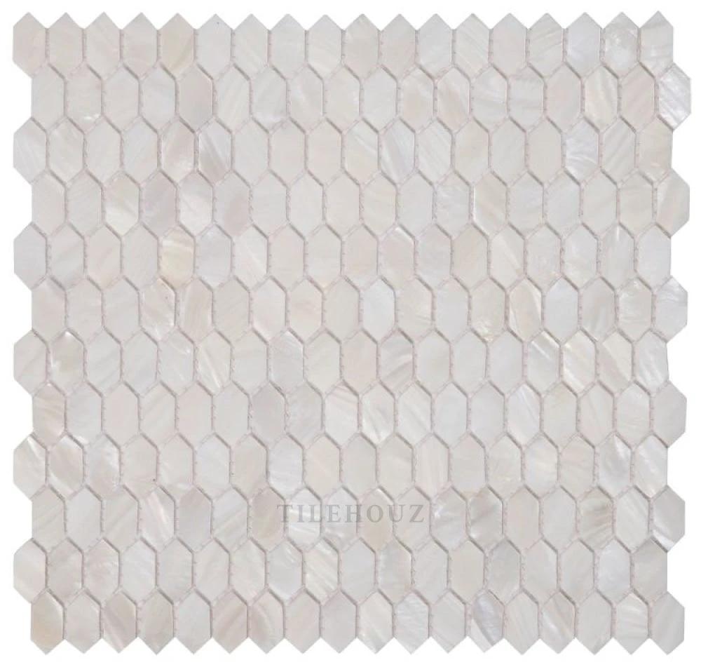 Tilehouz Pearl White Arrow 12x12 mosaic wall tile sheet with arrow-shaped pearl-white pieces