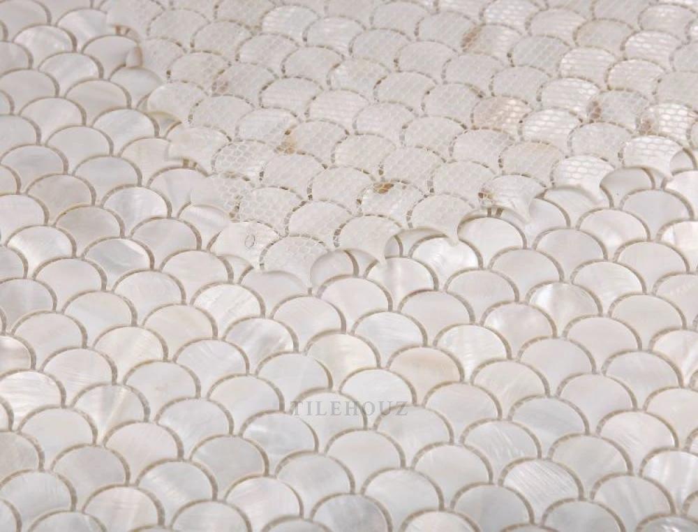 Pearl White Scale scallop tile mosaic, 11.75 x 11.75, Tilehouz wall & ceiling tile