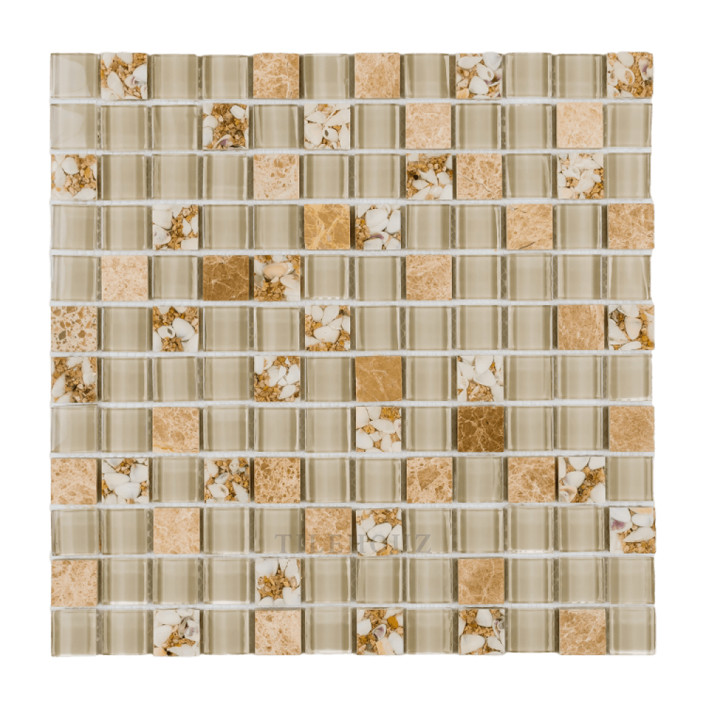 Pelasgus Deity Square glass mosaic tile by Tilehouz, 11.75 in square, beige/tan with varying tones