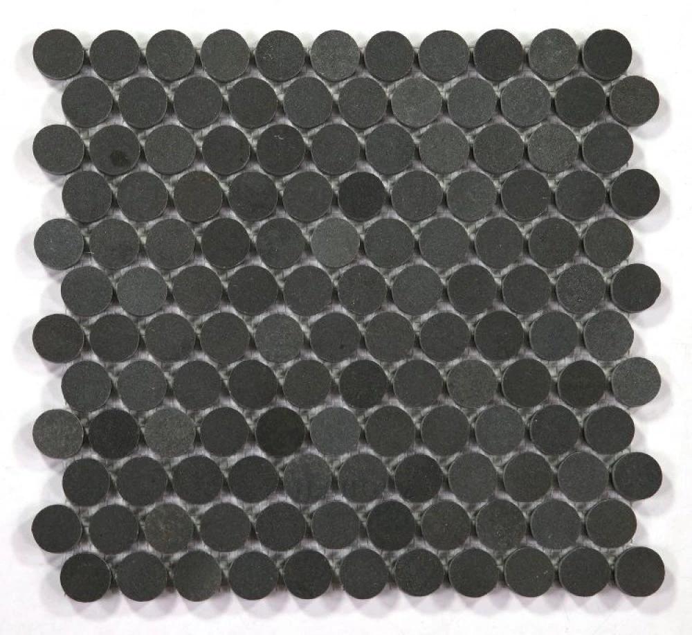 Black basalt penny-round mosaic tile for walls, 11 x 11.75, round discs