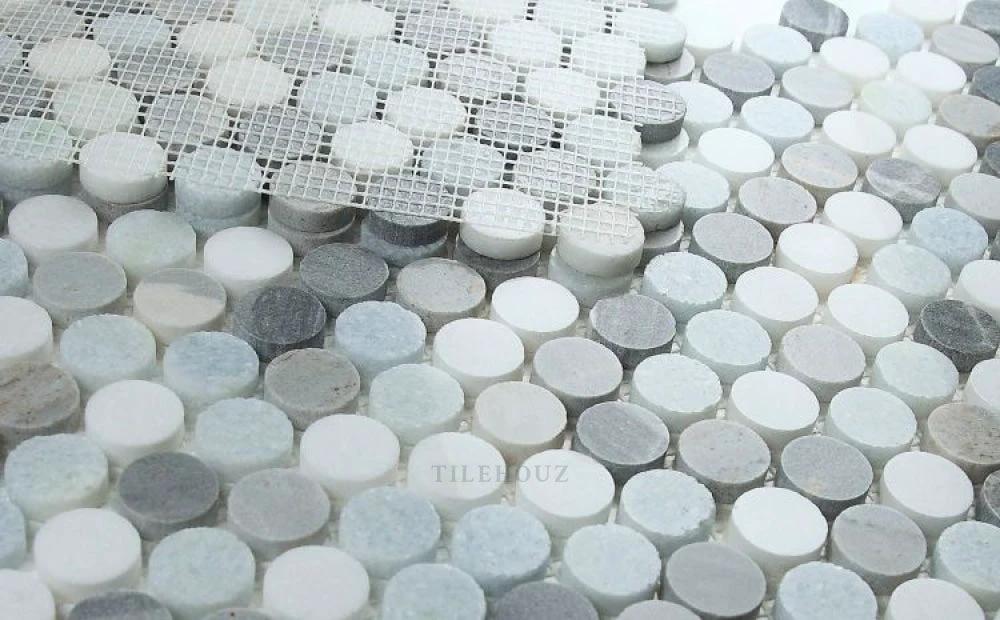Penny Marble Deep Ocean marble penny tile mosaic, 11 x 11.75, mesh-backed by Tilehouz