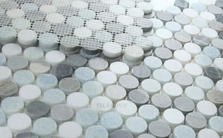 Penny Marble Deep Ocean marble penny tile mosaic, 11 x 11.75, mesh-backed by Tilehouz