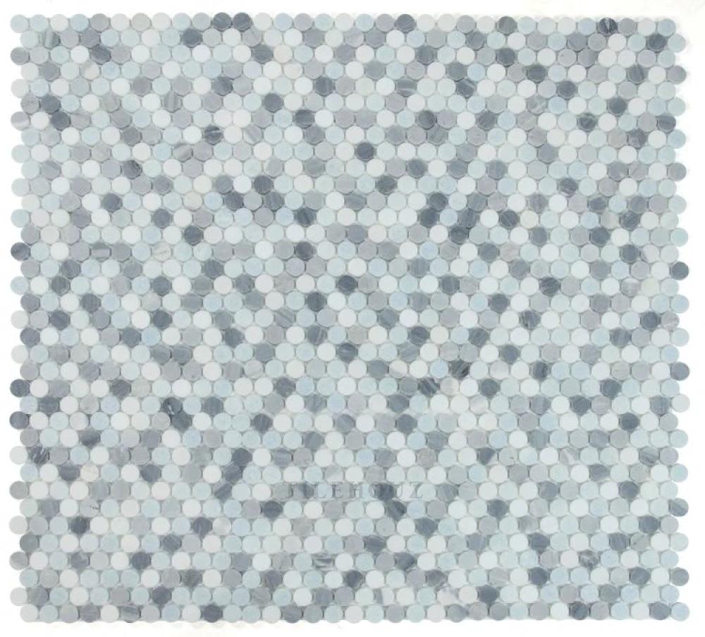Penny Marble Deep Ocean penny mosaic tile sheet, blue-gray marble rounds by Tilehouz, 11x11.75