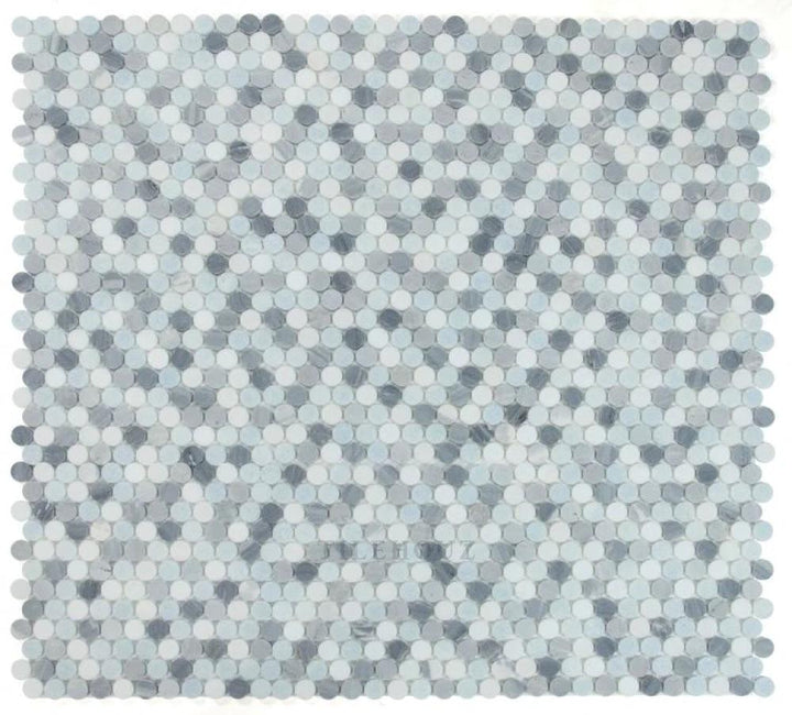 Penny Marble Deep Ocean penny mosaic tile sheet, blue-gray marble rounds by Tilehouz, 11x11.75