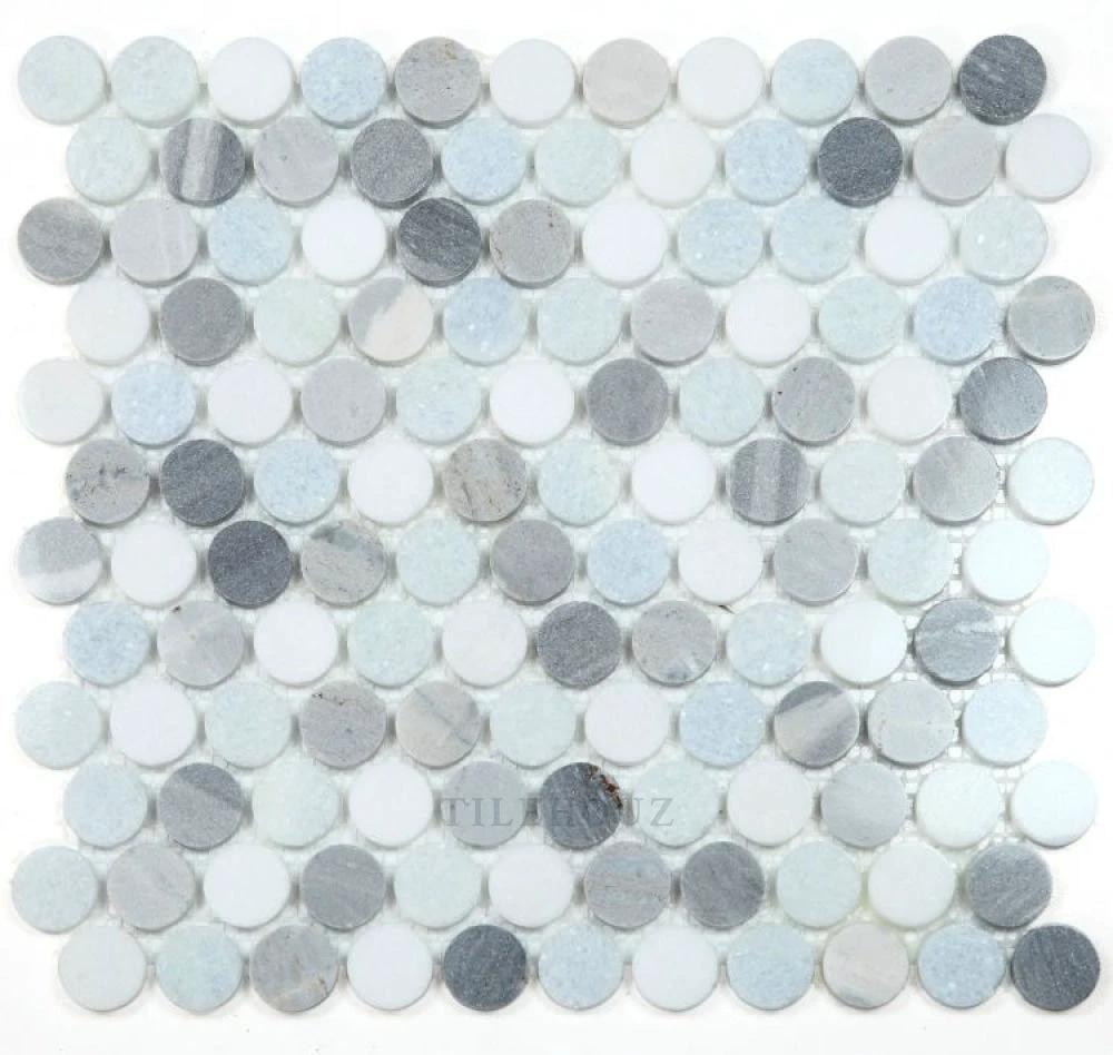 Penny Marble Deep Ocean round penny tile mosaic by Tilehouz for walls &amp; ceilings, 11 x 11.75 inches
