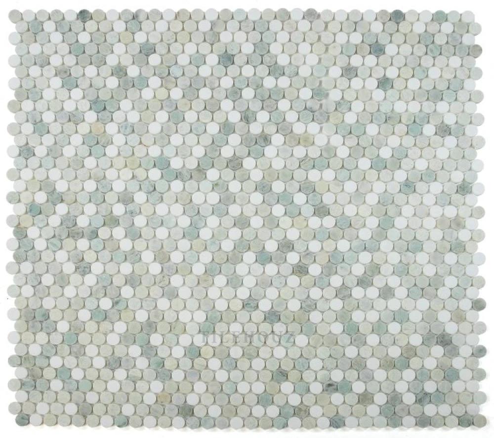 Ming Green Marble 1” Penny mosaic sheet by Tilehouz, honed finish