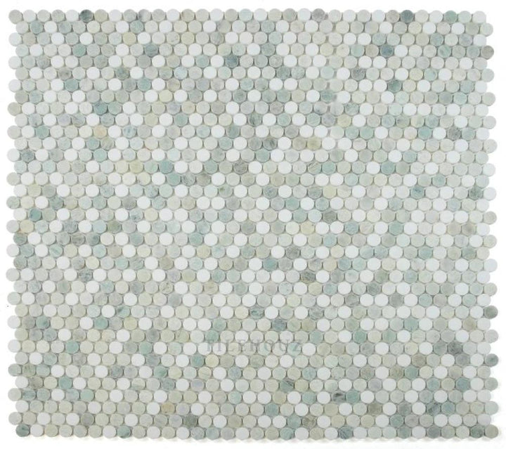 Ming Green Marble 1” Penny mosaic sheet by Tilehouz, honed finish