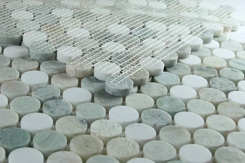 Ming Green Marble penny mosaic, 1 in mix, honed finish, Tilehouz wall tile on mesh