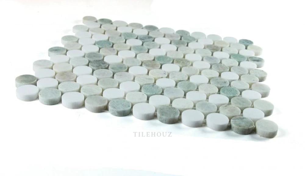 Ming Green Marble 1-inch mix penny mosaic sheet, honed finish by Tilehouz