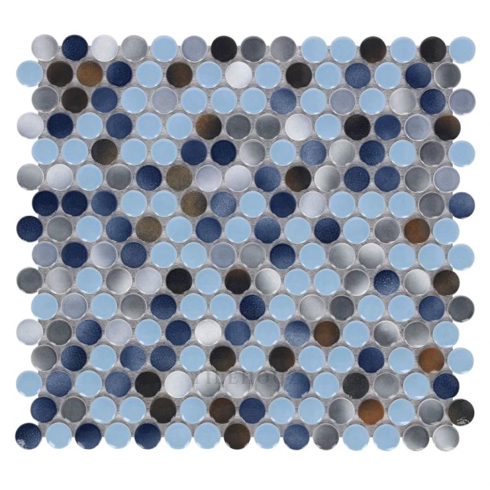Penny Round Beach porcelain mosaic tile sheet, 11.5 x 12.25, blue-gray round discs.
