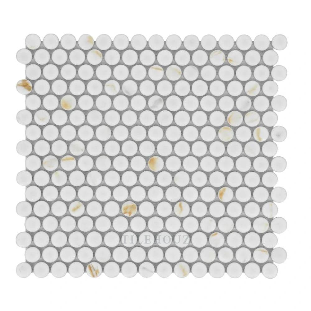 Penny Round Calacatta Matte porcelain mosaic tile by Tilehouz, 11.5 x 12.25 in sheet of white round dots on gray backing.