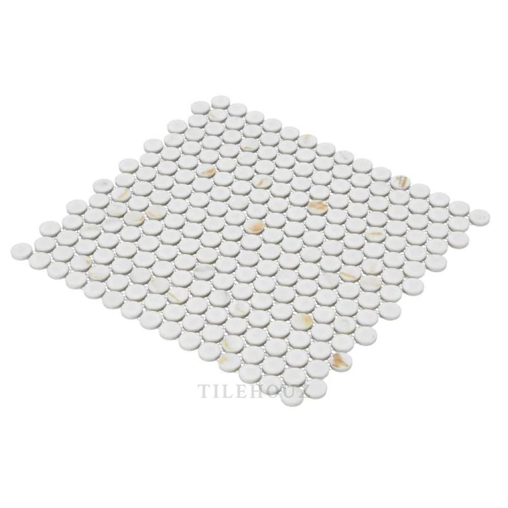 Penny Round Calacatta Matte porcelain mosaic tile sheet by Tilehouz, white marble-look rounds