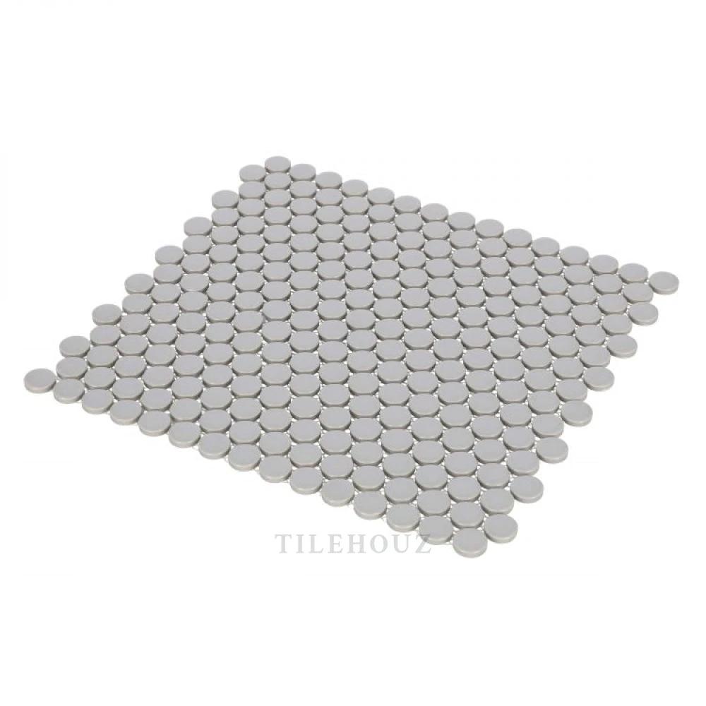 Penny Round City Grey Matte porcelain mosaic tile sheet, 11.5 x 12.25 in, Tilehouz