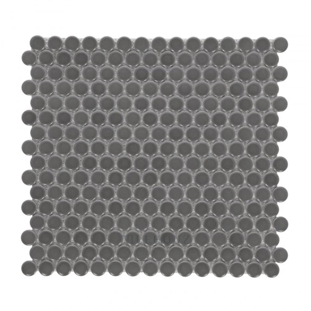 Penny Round Dark Grey Matte porcelain mosaic tile sheet, 11.5 x 12.25, handmade by Tilehouz