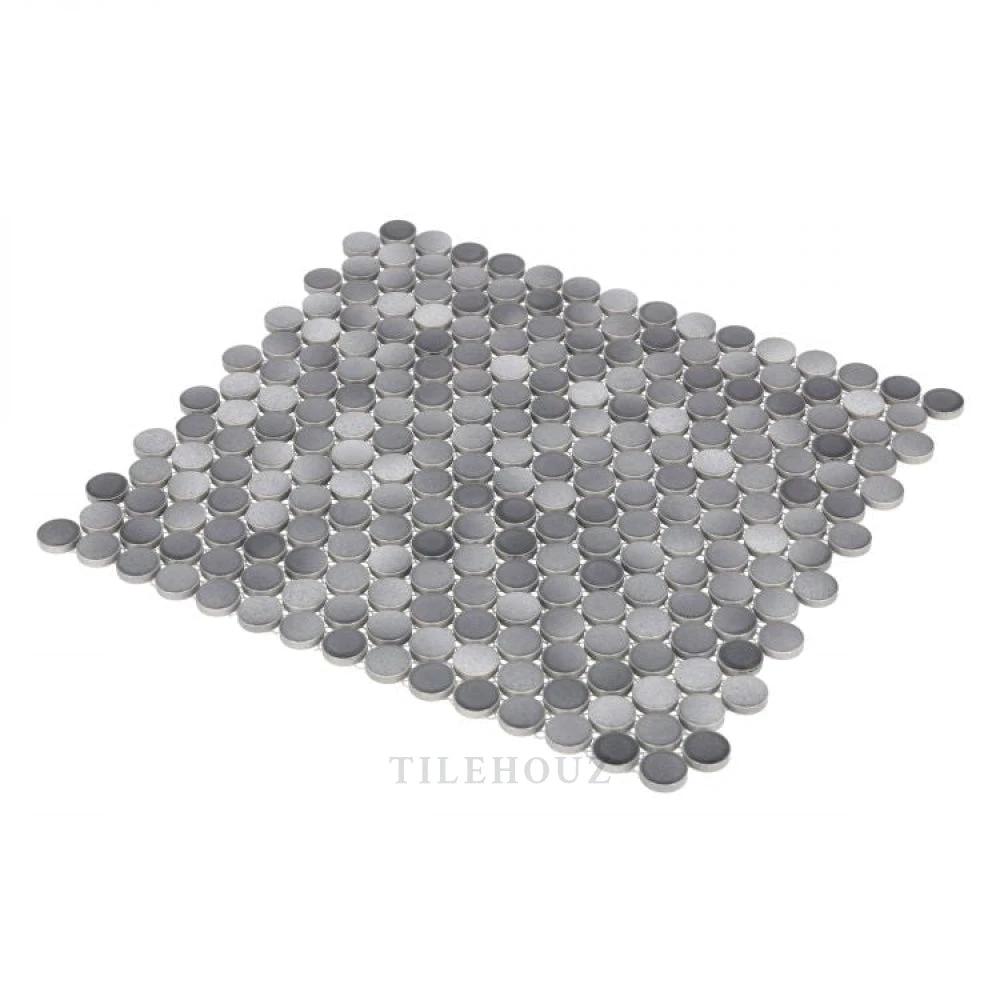 Penny Round Fancy Grey porcelain mosaic tile by Tilehouz; handmade wall and ceiling tile.