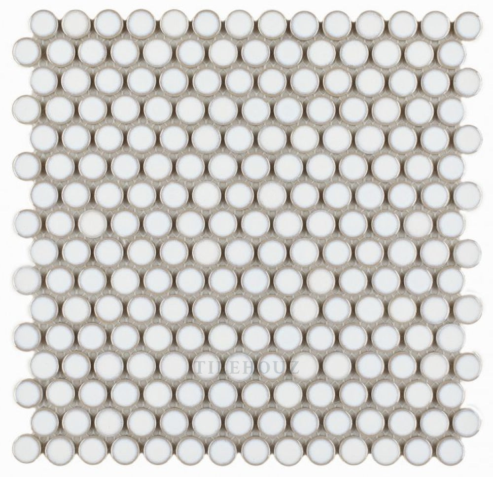 Penny Round Fancy White handmade porcelain mosaic tile by Tilehouz, 11.5 x 11.5 for wall and ceiling.