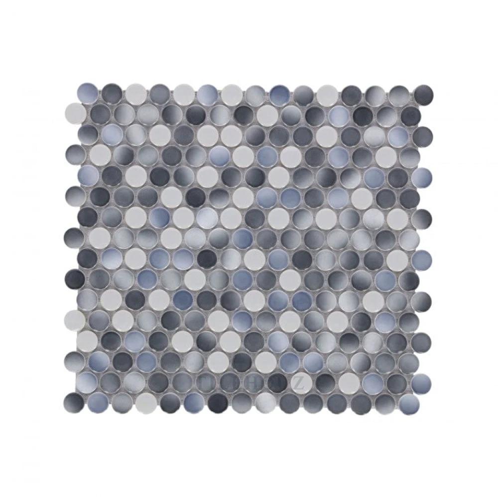 Tilehouz Penny Round gradient grey glossy porcelain mosaic tile sheet, 11.5 x 12.25 in, Hulu Collection