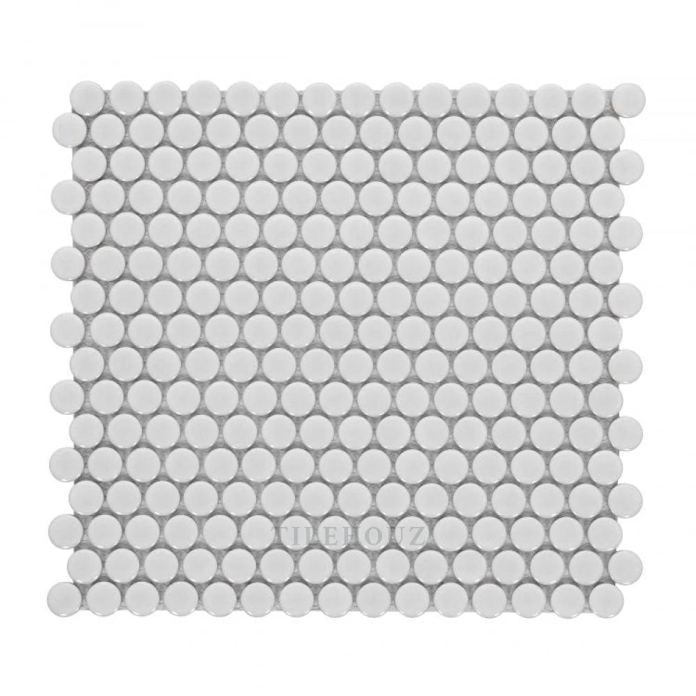 Penny Round light grey matte porcelain mosaic tile sheet by Tilehouz, Hulu Collection, 11.5 x 12.25 in