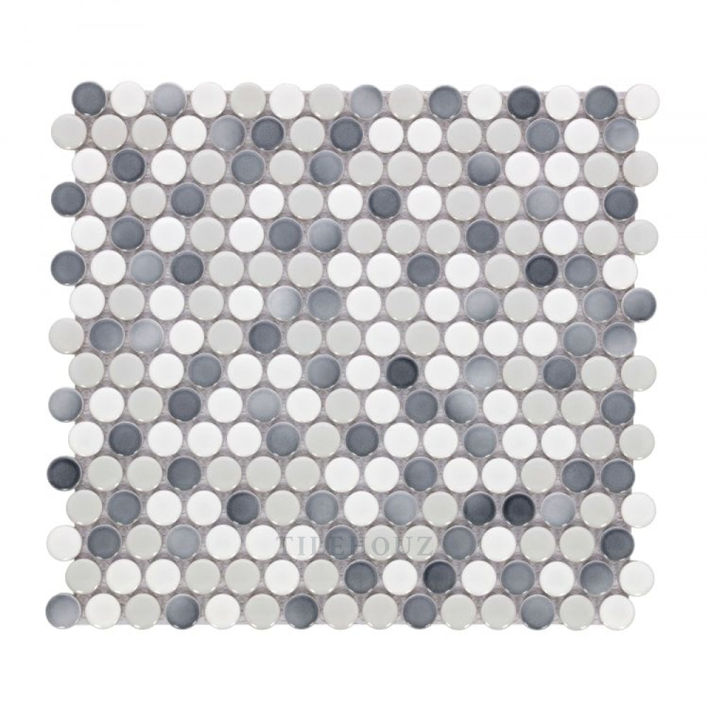 Penny Round mixed grey glossy porcelain mosaic tile, 11.5 x 12.25, Hulu Collection by Tilehouz