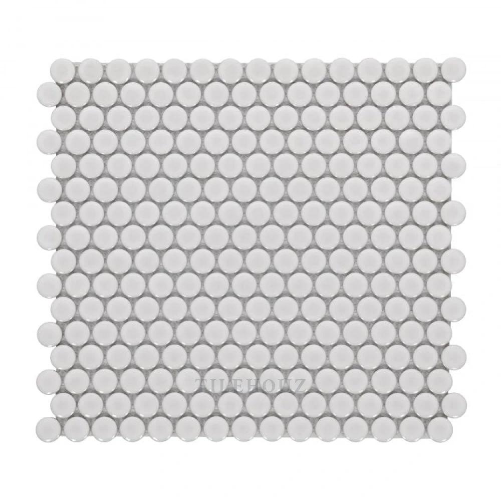 Penny Round natural grey glossy porcelain mosaic tile handmade by Tilehouz, Hulu Collection 11.5 x 12.25