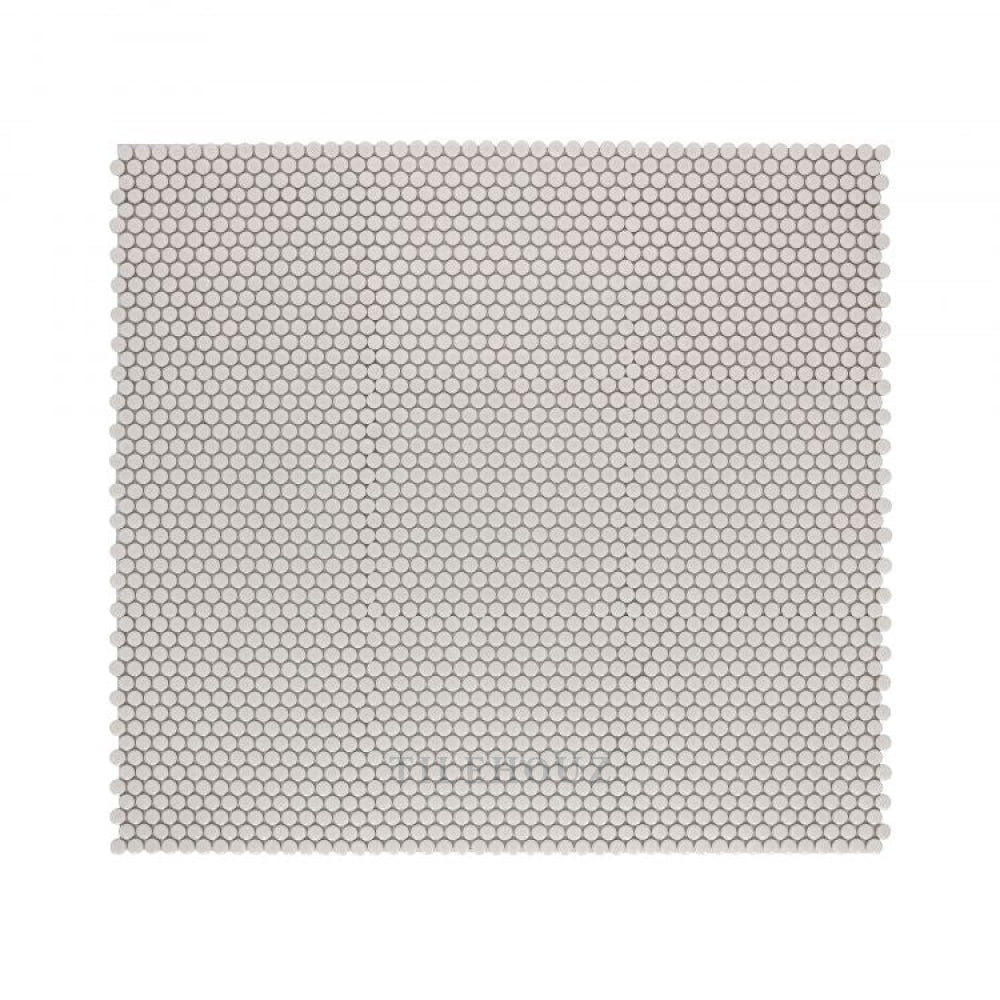 Penny Round Natural Grey glossy porcelain mosaic tile, 11.5 x 12.25, Hulu Collection.