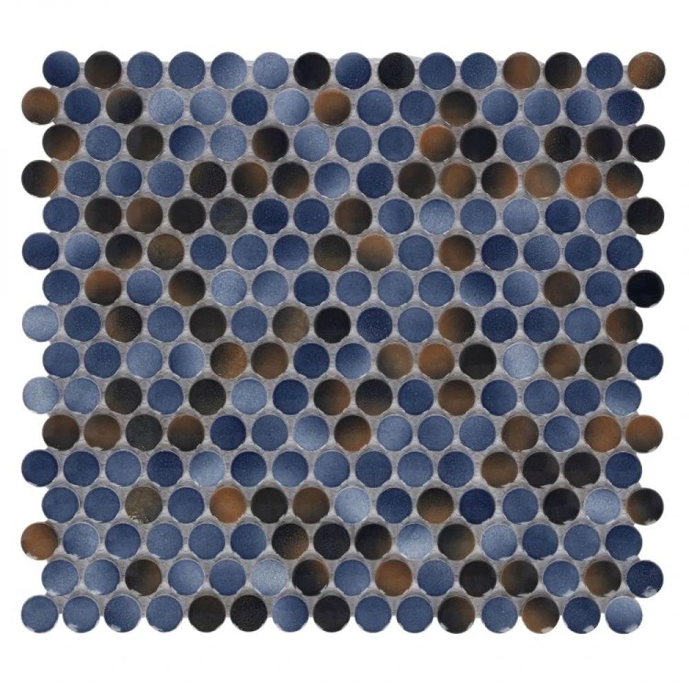 Tilehouz Penny Round Shadow porcelain mosaic tile sheet 11.5 x 12.25 in with blue and brown penny-round circles