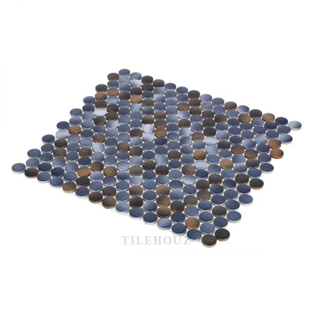 Penny Round Shadow porcelain mosaic tile by Tilehouz, handmade blue and brown penny round sheet for walls