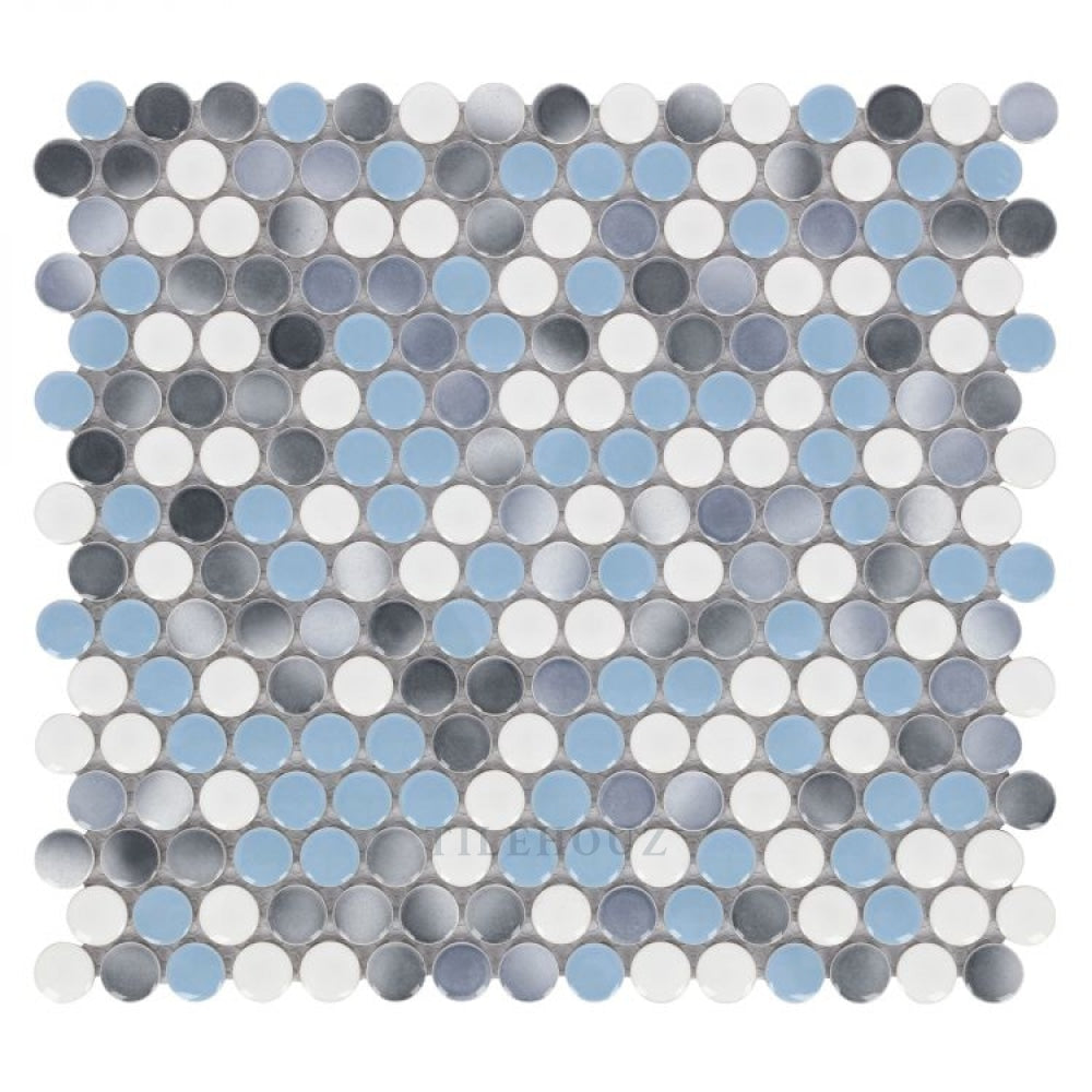 Penny Round Sky porcelain mosaic tile sheet (11.5 x 12.25) in blue, gray and white by Tilehouz.