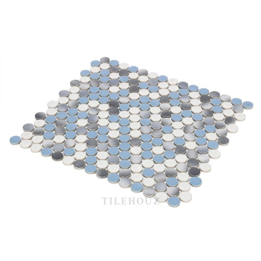 Penny Round Sky handmade porcelain mosaic tile sheet in blue, gray and white by Tilehouz