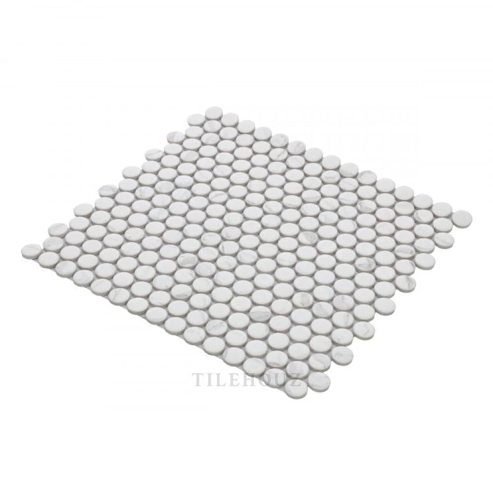 Penny Round Statuario Matte porcelain mosaic tile sheet by Tilehouz, Hulu Collection, 11.5 x 12.25