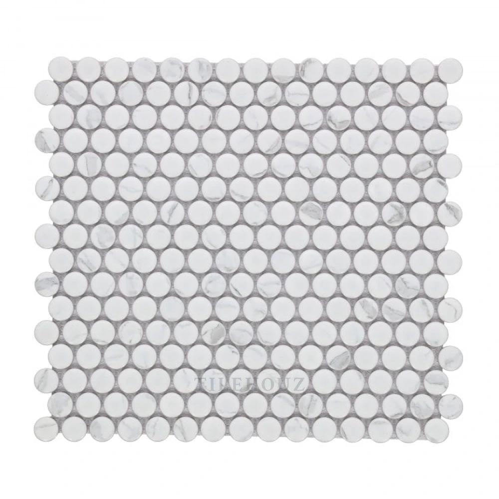Penny Round Statuario Matte porcelain mosaic tile sheet 11.5x12.25 by Tilehouz, Hulu Collection