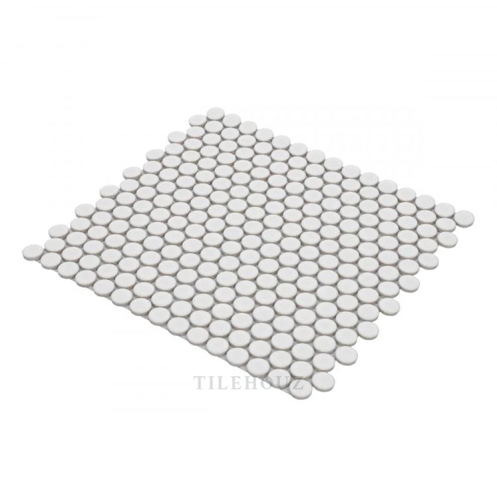 Penny Round White Matte Handmade Porcelain Mosaic Tile Sheet, 11.5 x 12.25, Tilehouz Hulu Collection