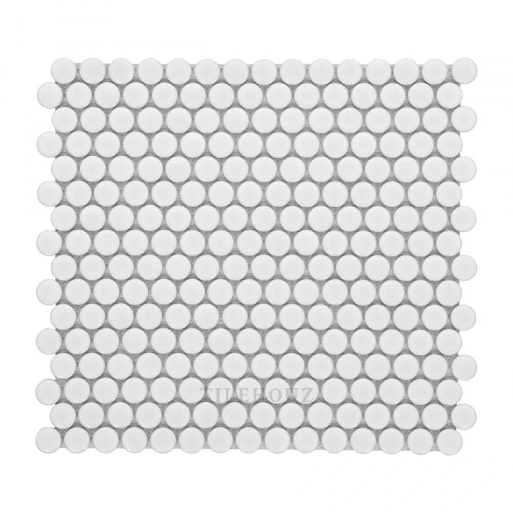 Tilehouz Penny Round White Matte porcelain mosaic tile sheet, 11.5 x 12.25 in