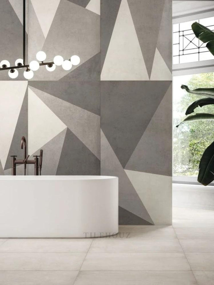 Plain Mist 30x30 porcelain tile by Tilehouz; grayscale geometric wall tile for bathroom