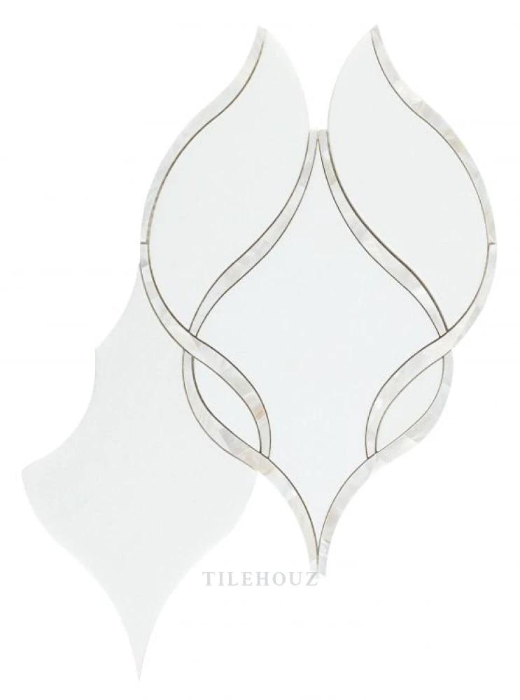 Prestige Large Pearl 8.75 x 11 tile by Tilehouz; white wall tile with silver curved-line design