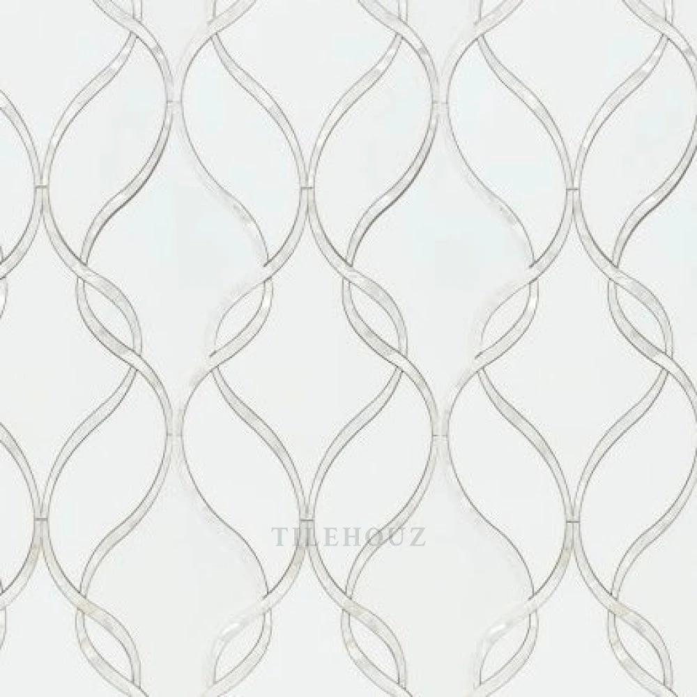 Prestige Large Pearl 8.75x11 wall tile by Tilehouz, white background with interlocking curved motif.