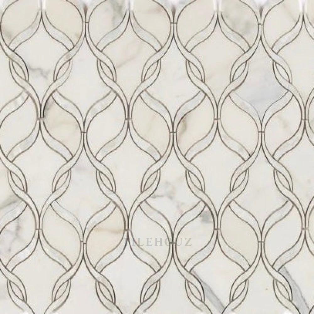 Prestige Pearl Calacatta wall tile by Tilehouz; white marble look with gray veining in lattice pattern, 7.25 x 11.75