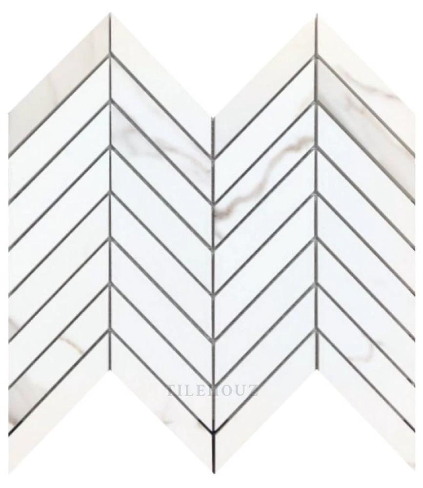 Prestigio Calacatta Lucido Chevron porcelain tile, white marble-look, 10x12, Tilehouz.