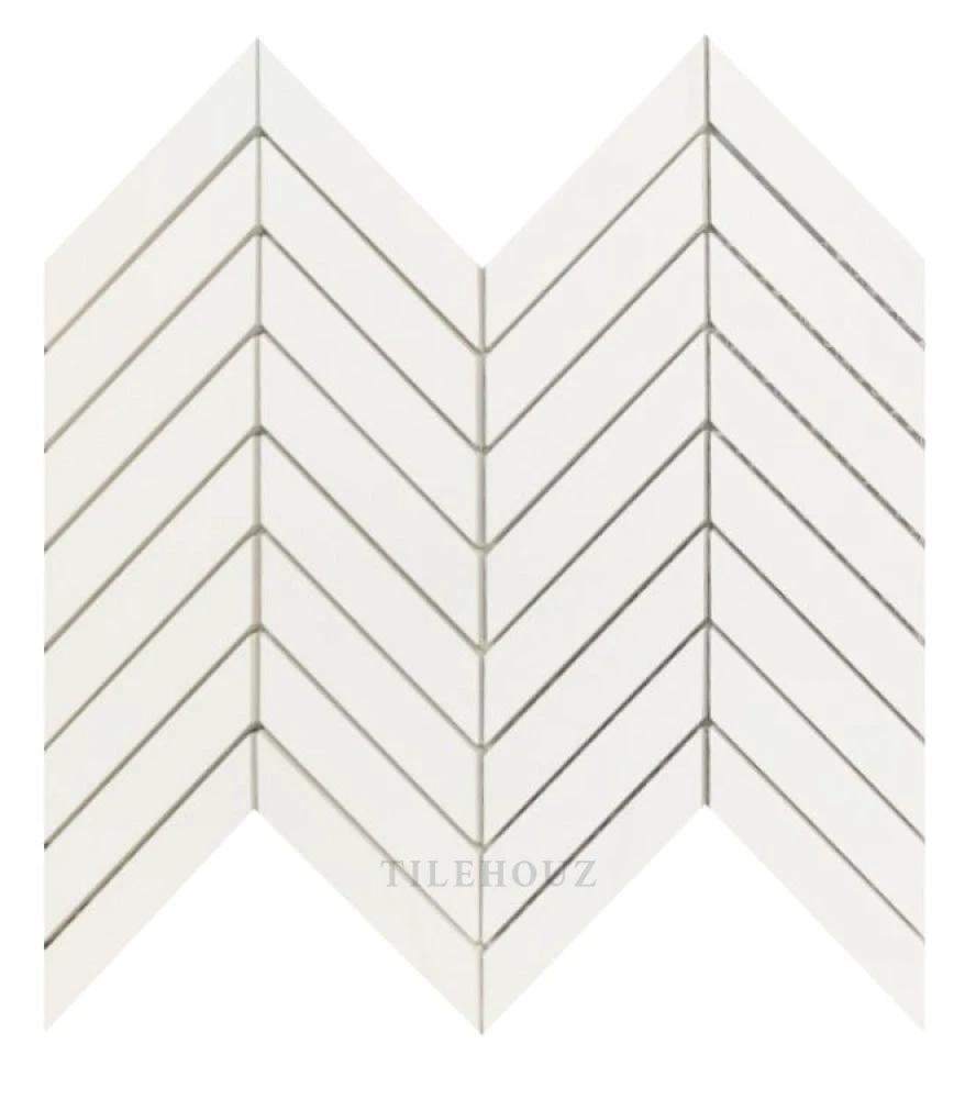 Prestigio Dolomite Lucido Chevron porcelain tile by Tilehouz, white with gray grout lines, 10 x 12