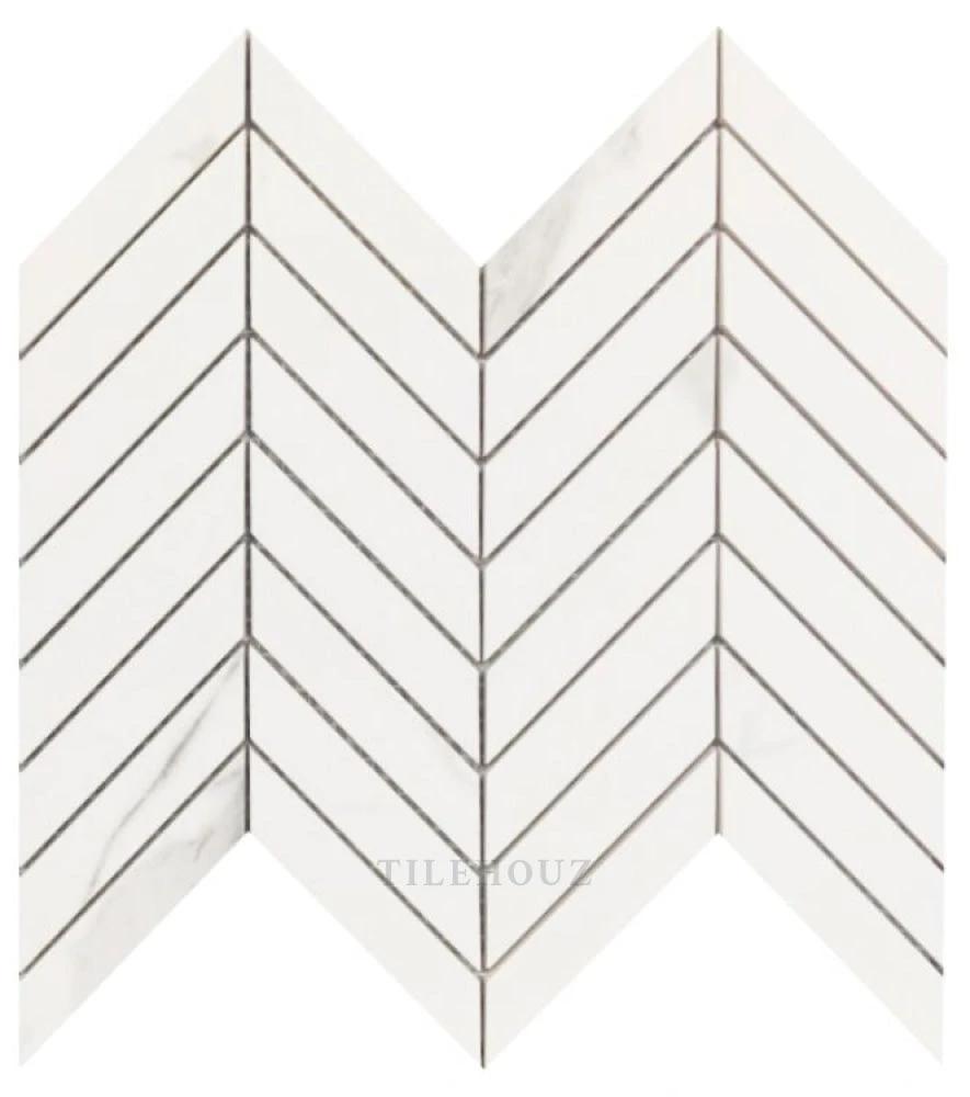 Prestigio Statuario Lucido chevron porcelain tile mosaic, 10x12 in, white with gray veins, Tilehouz