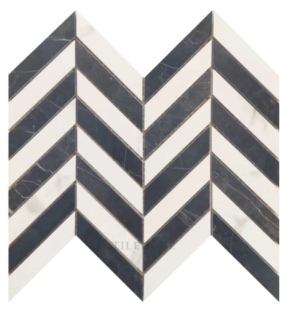 Prestigio Statuario-Marquinia mix lucido chevron porcelain mosaic tile by Tilehouz for walls and ceilings